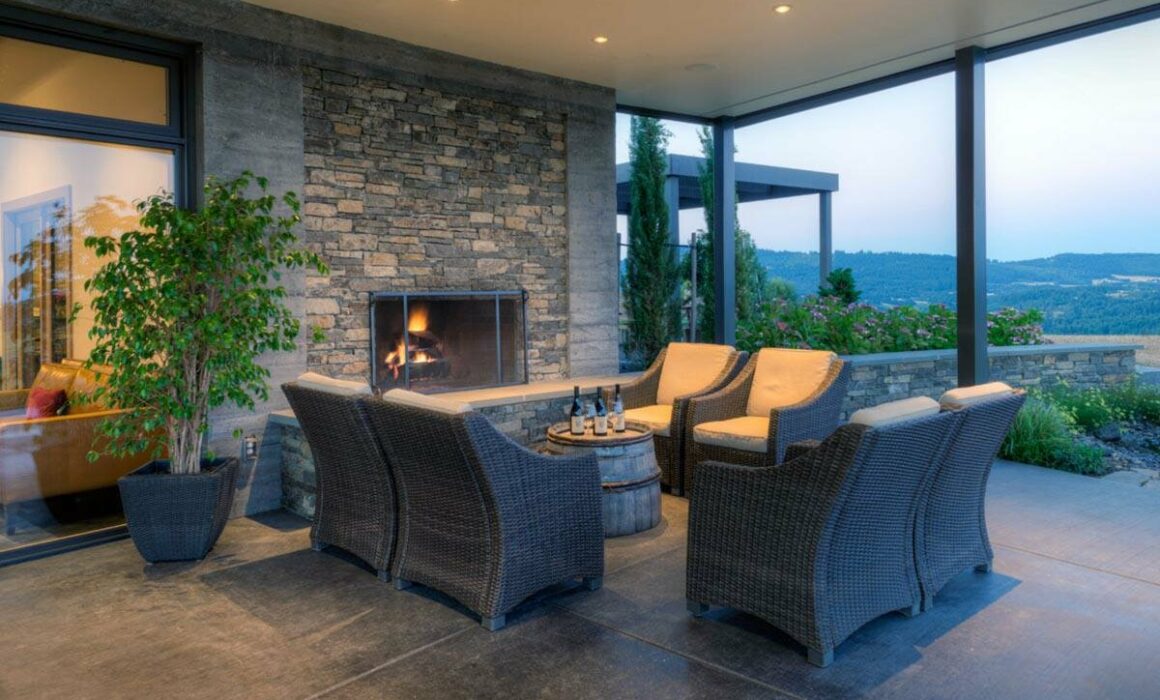 The fireplace with patio seating at Fairsing Vineyard.